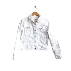 ZARA Womens Jean Jacket Cropped Button Distressed Denim White Medium